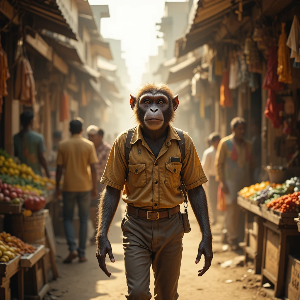 Mono con ropa humana caminando por un mercado callejero en la India