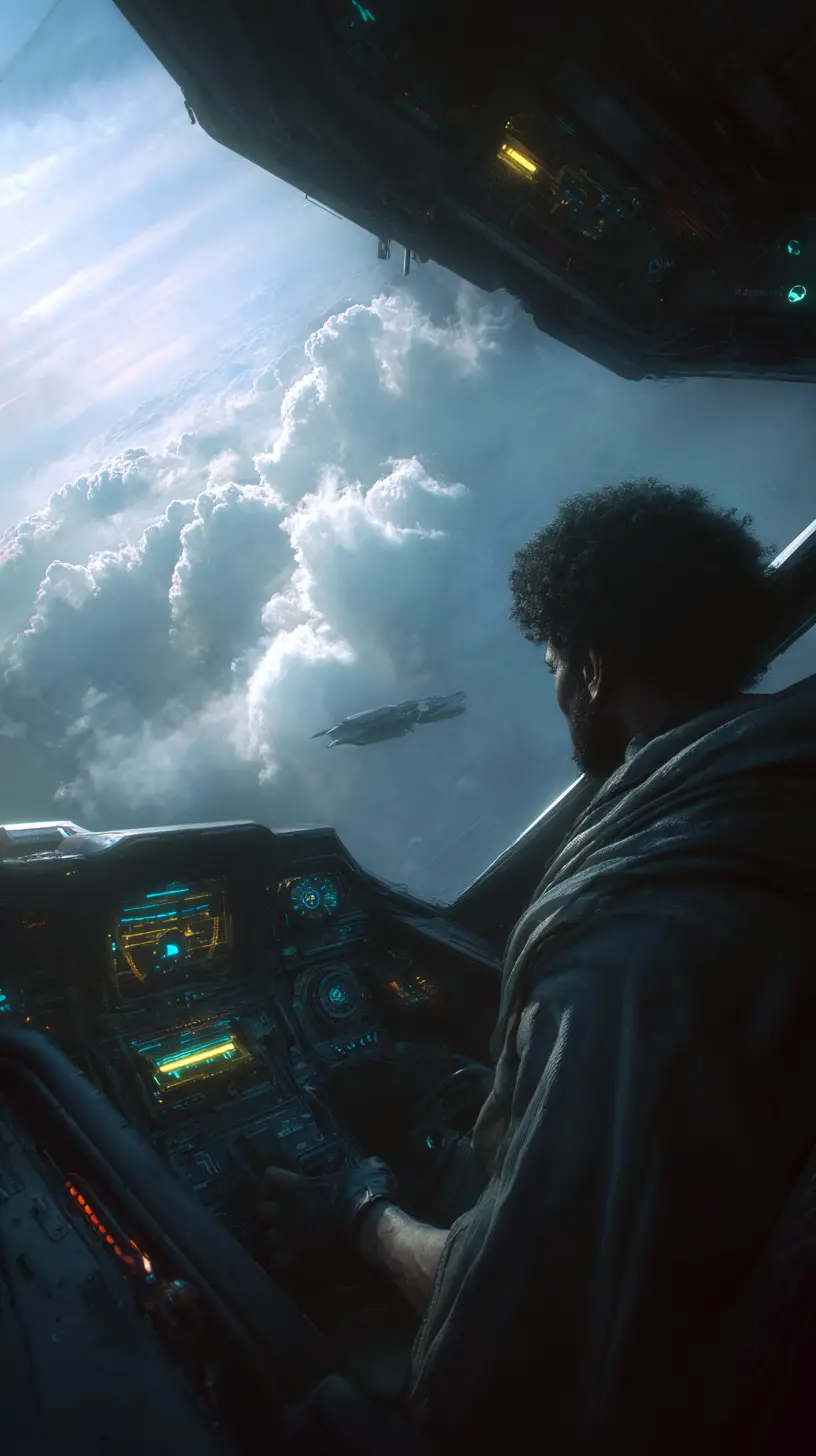 Afrofuturistic assassin piloting a stealth craft cockpit
