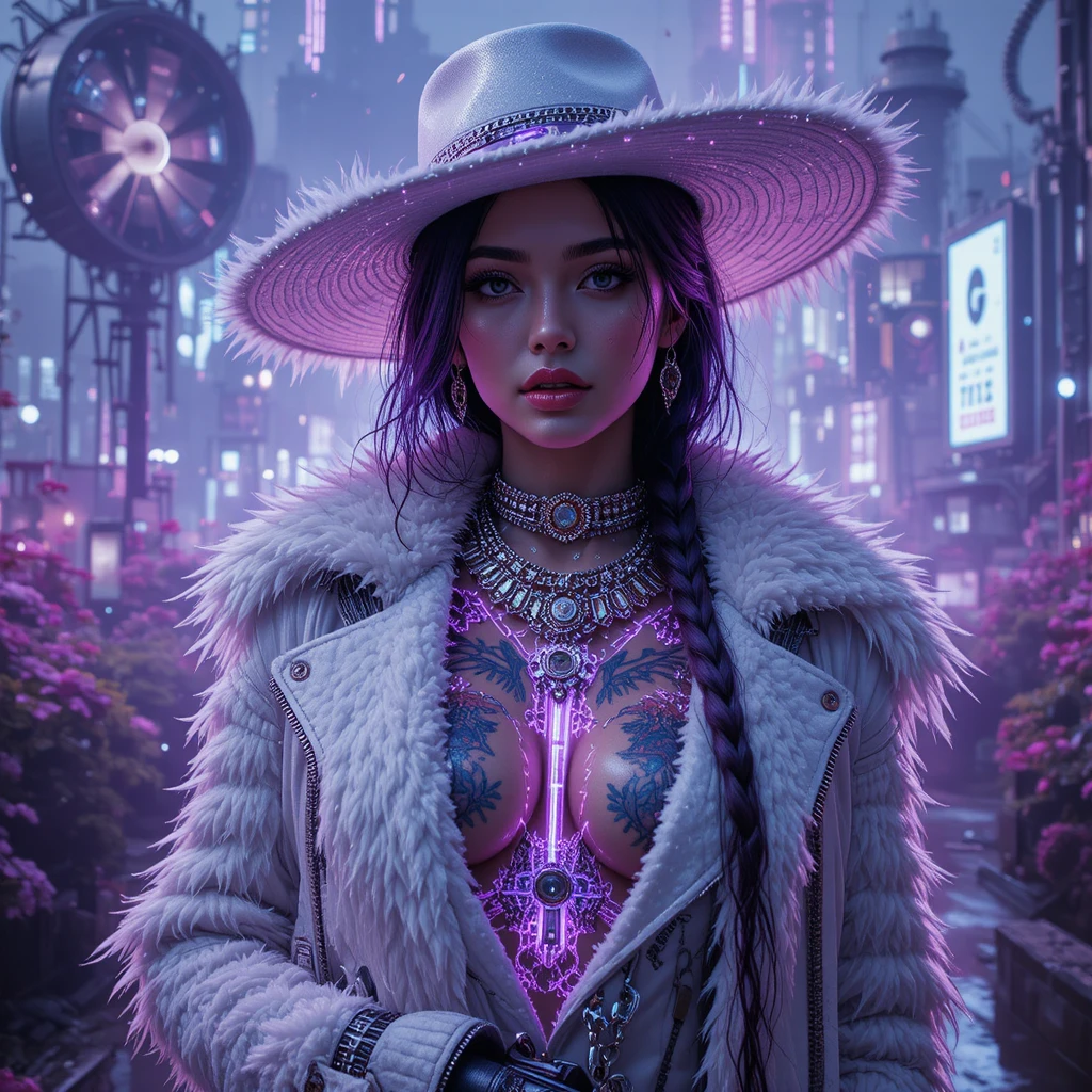 Playful cyberpunk woman in white jacket and race day hat