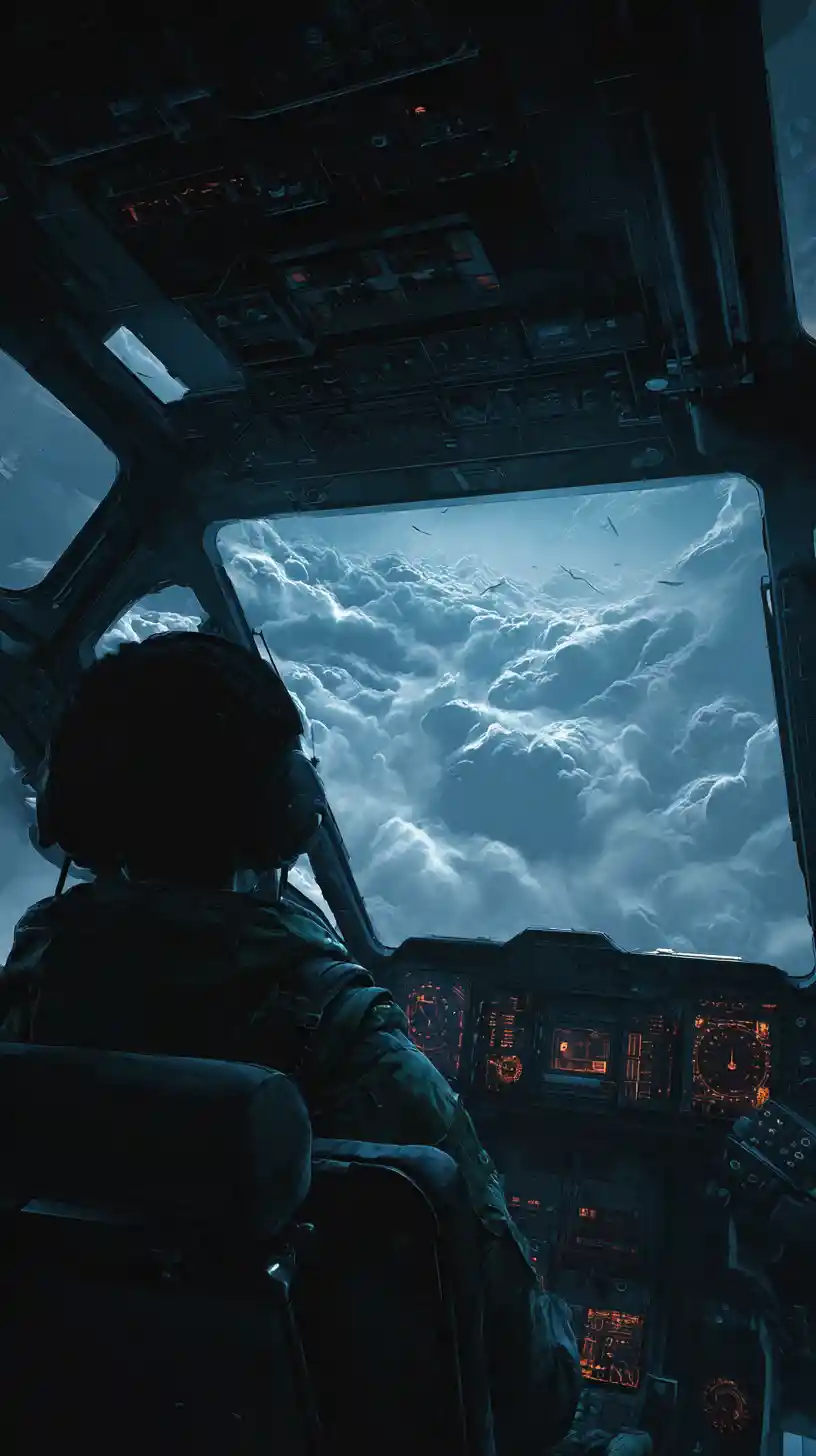 Afrofuturistic assassin piloting a stealth craft cockpit
