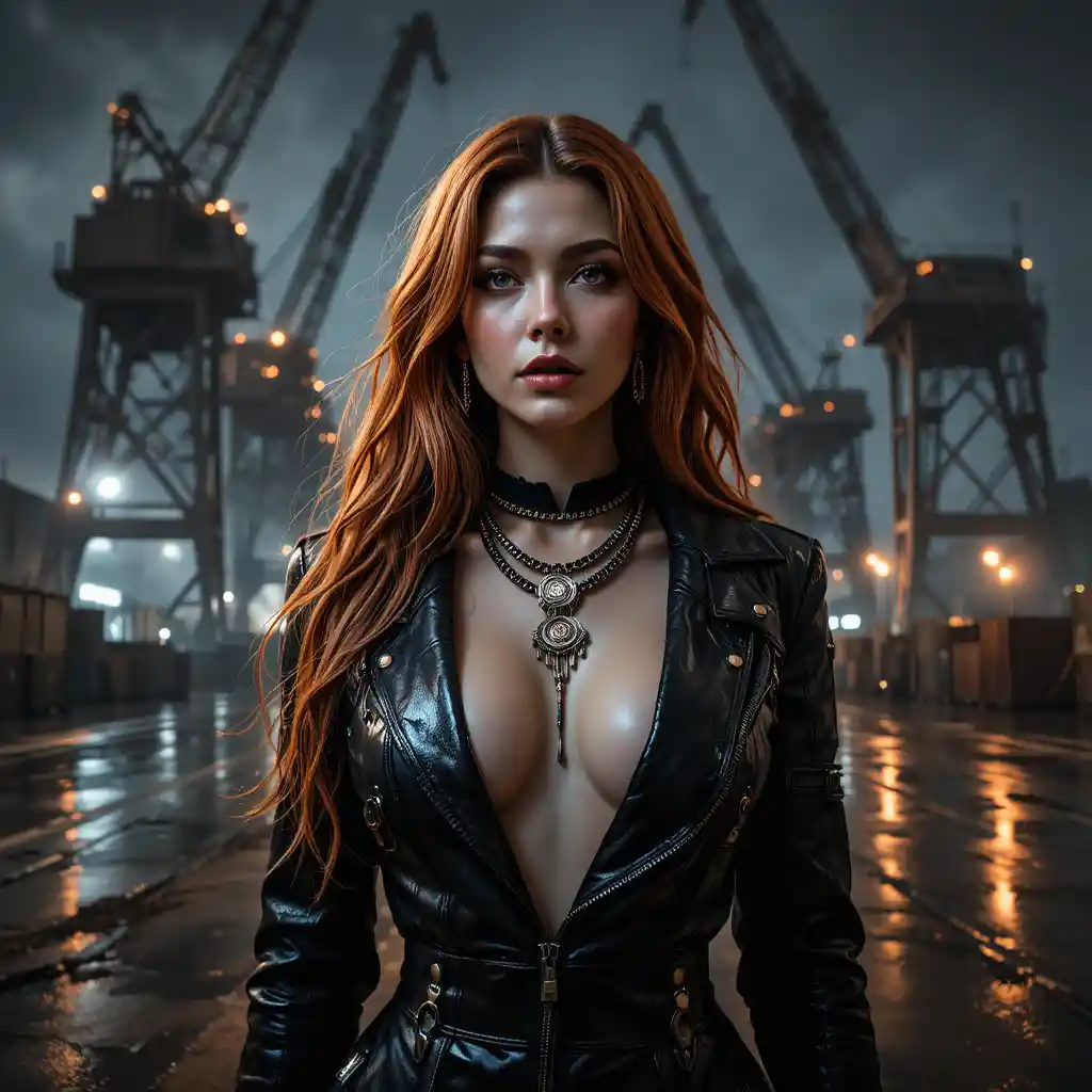 Ritratto cyber noir di una donna in uno spazioporto piovoso