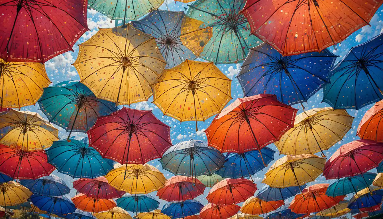 Bunte Sonnenschirme von unten in mosaikhaftem Pointillismus-Stil
