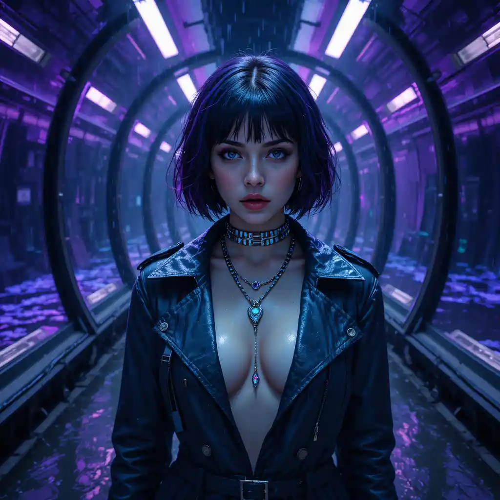 Cyberpunk woman in trench coat within underwater tunnel