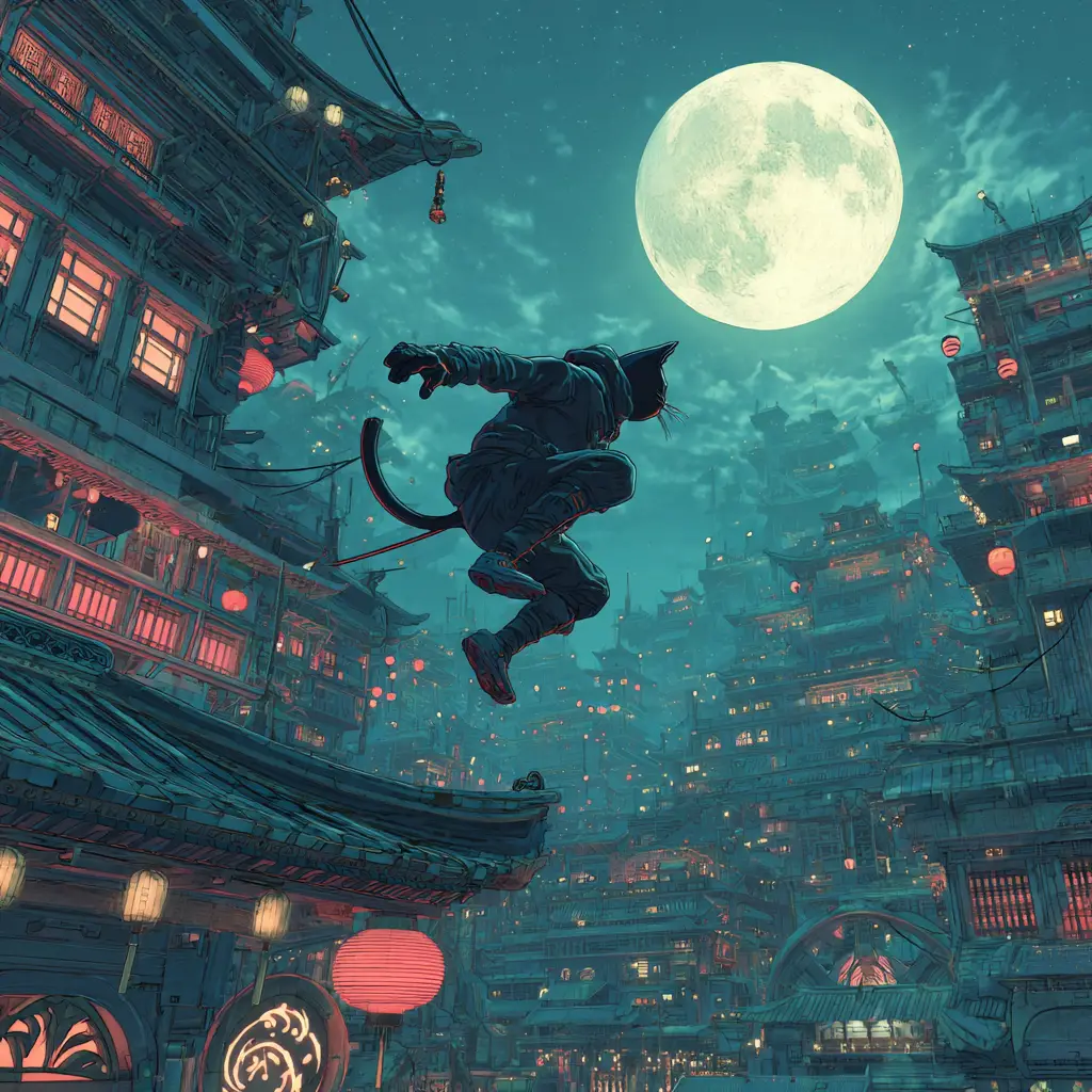 Anthropomorphic ninja cat leaping across futuristic rooftops