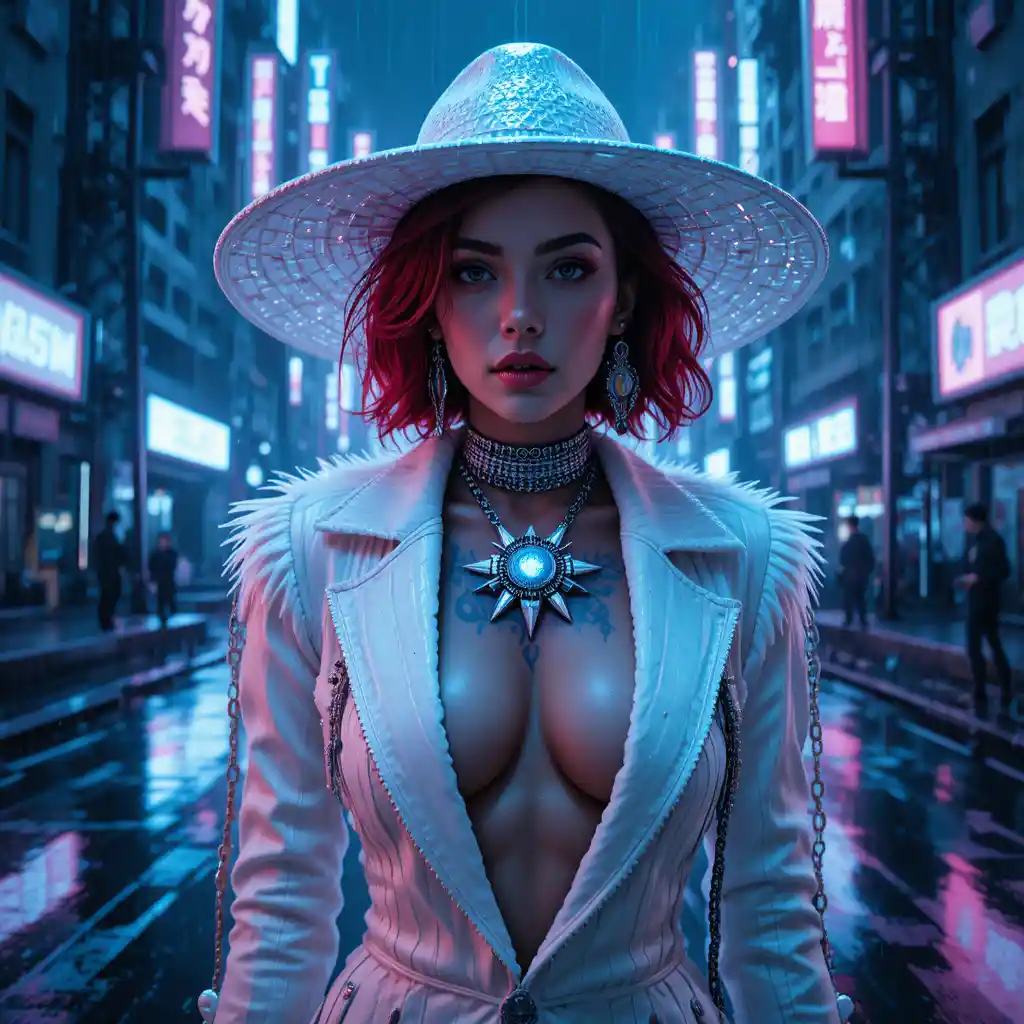 Femme de science-fiction confiante en veste et chapeau atompunk