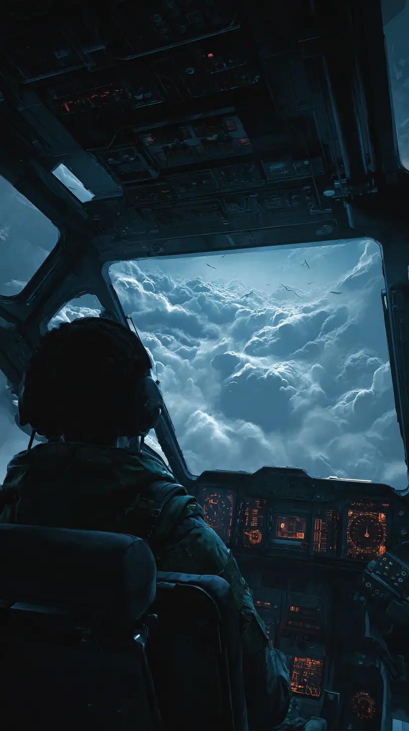 Afrofuturistic assassin piloting a stealth craft cockpit