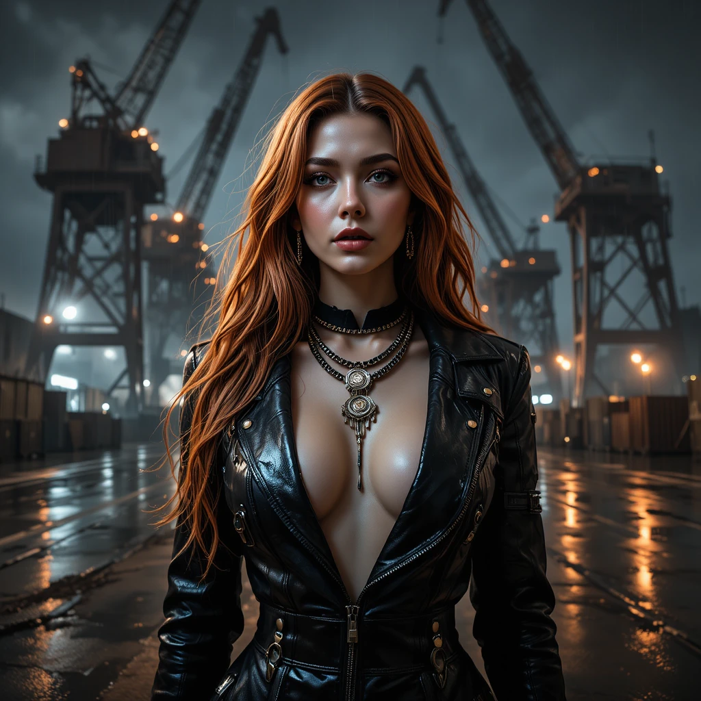 Cyber noir portrait of a woman in a rainy spaceport