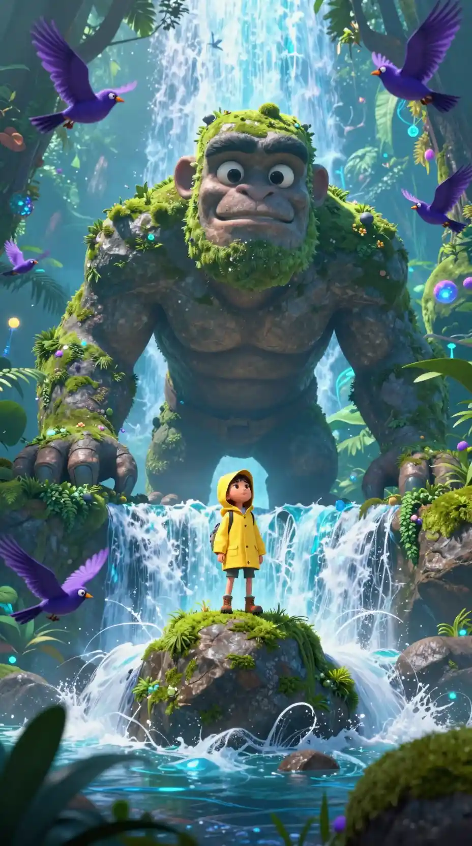 Young explorer on a stone giant above glowing waterfall
