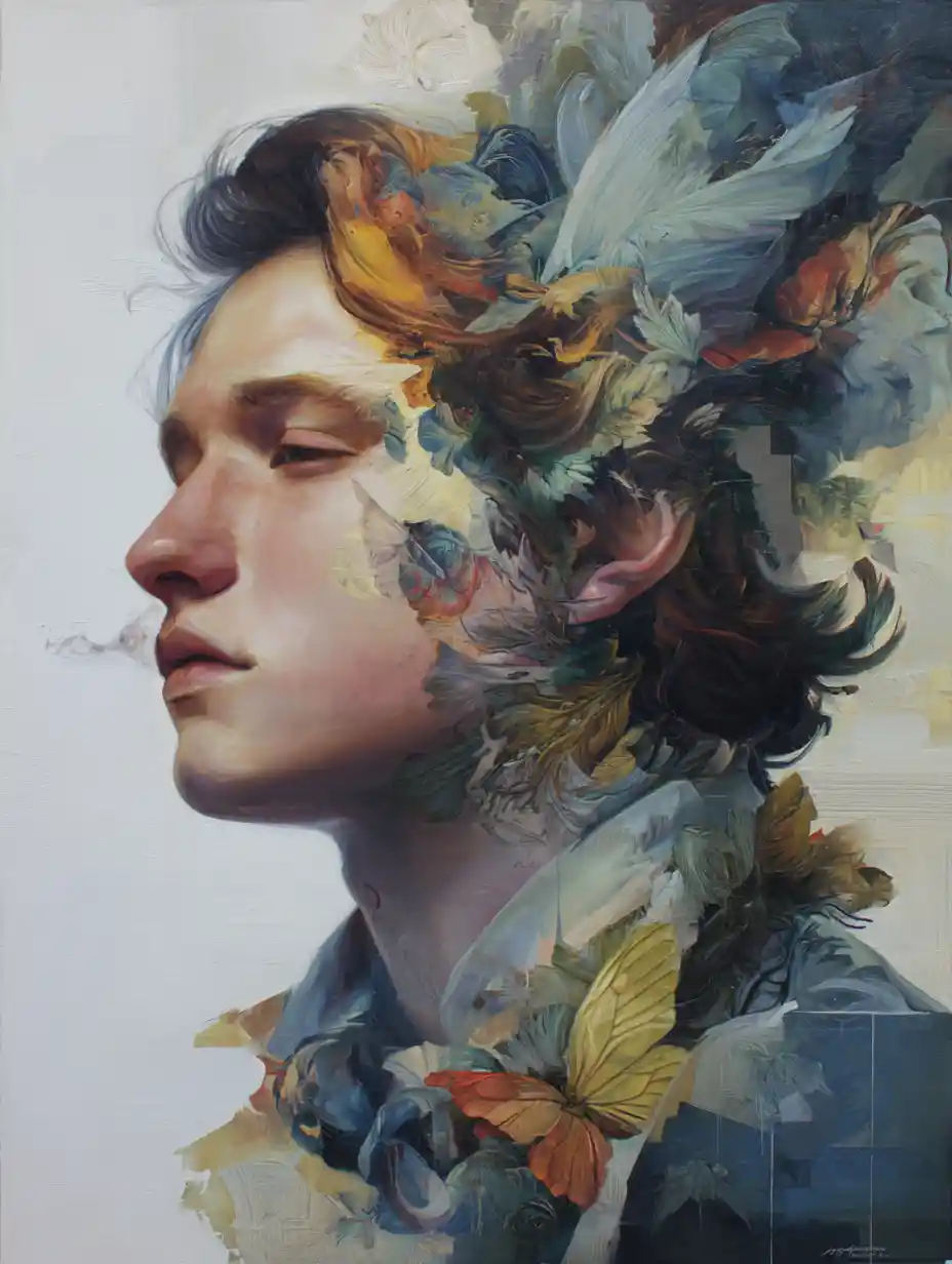 Surreal portrait blending reality with a dreamlike inner world