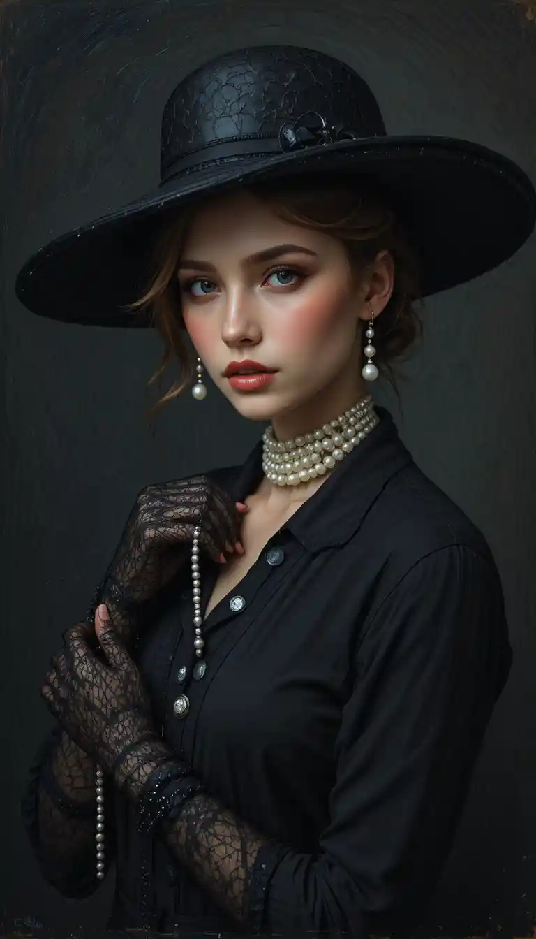 Mujer elegante con sombrero negro y perlas sobre fondo oscuro