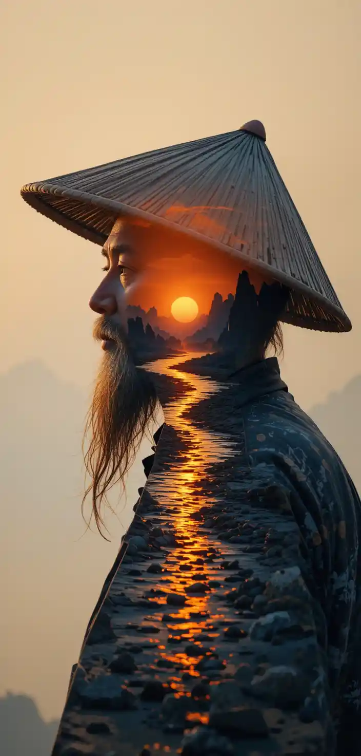 Doble exposición de silueta de pescador con guitarra y río al atardecer