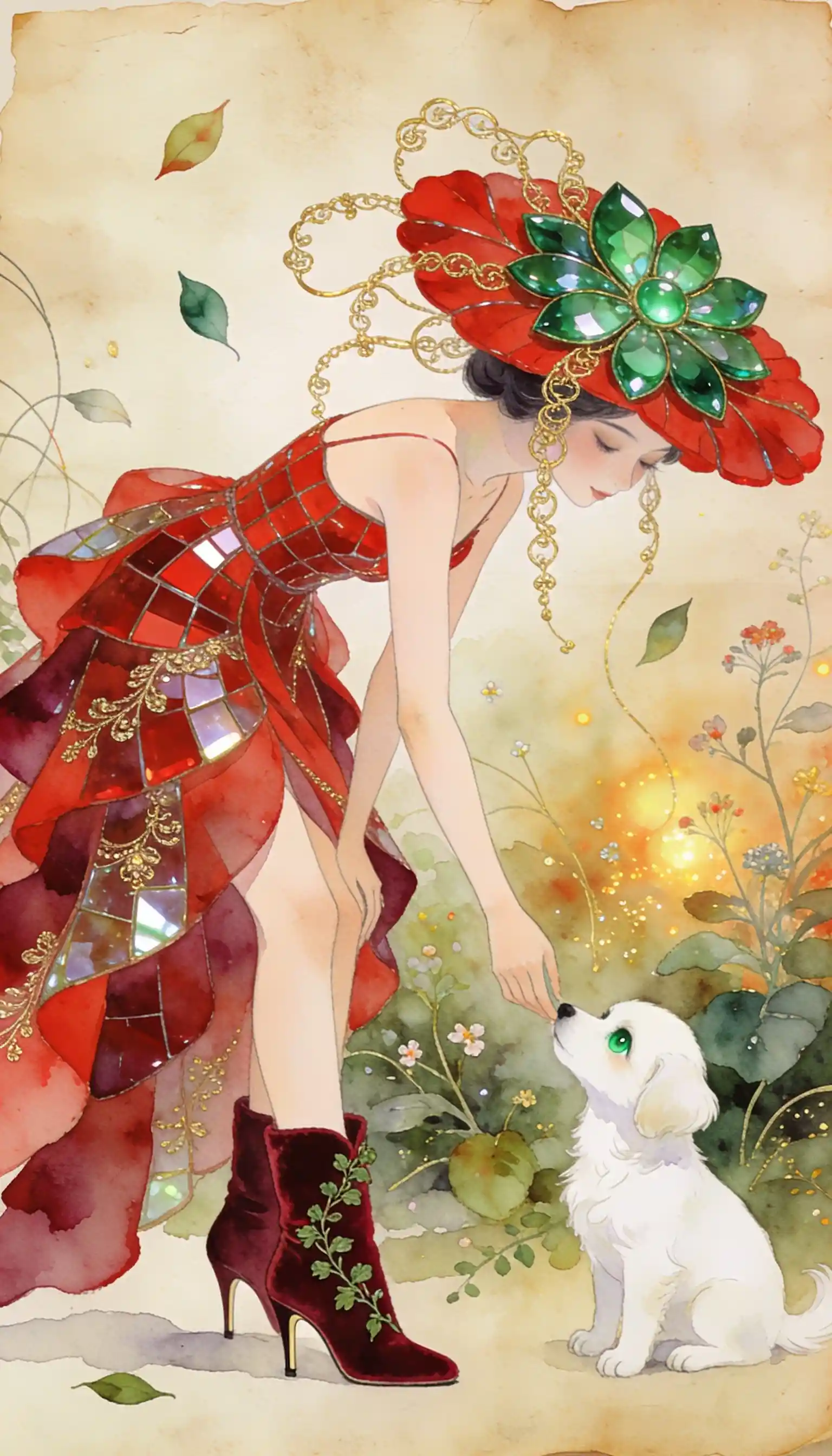 Elegant woman in red couture with puppy in botanical garden