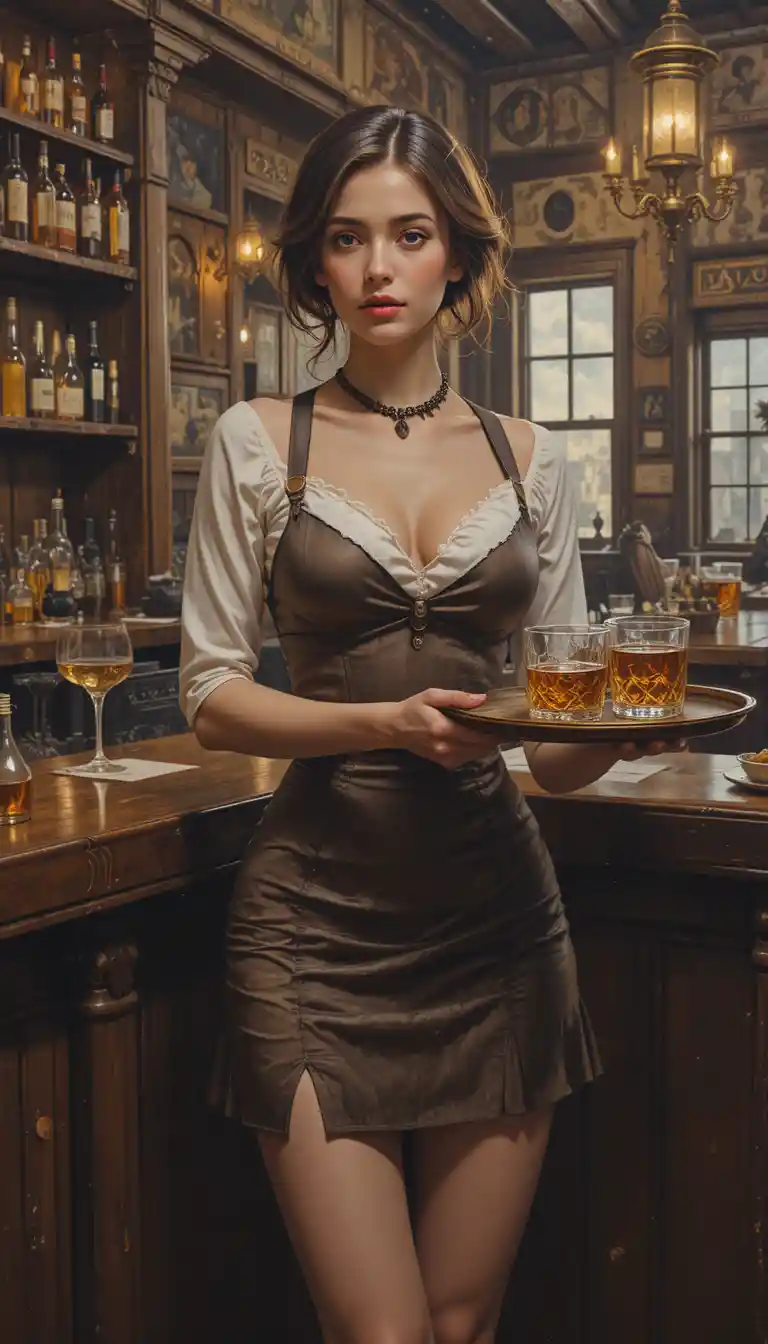 Grande barmaid servant du whisky dans l’intérieur d’un saloon de l’Ouest