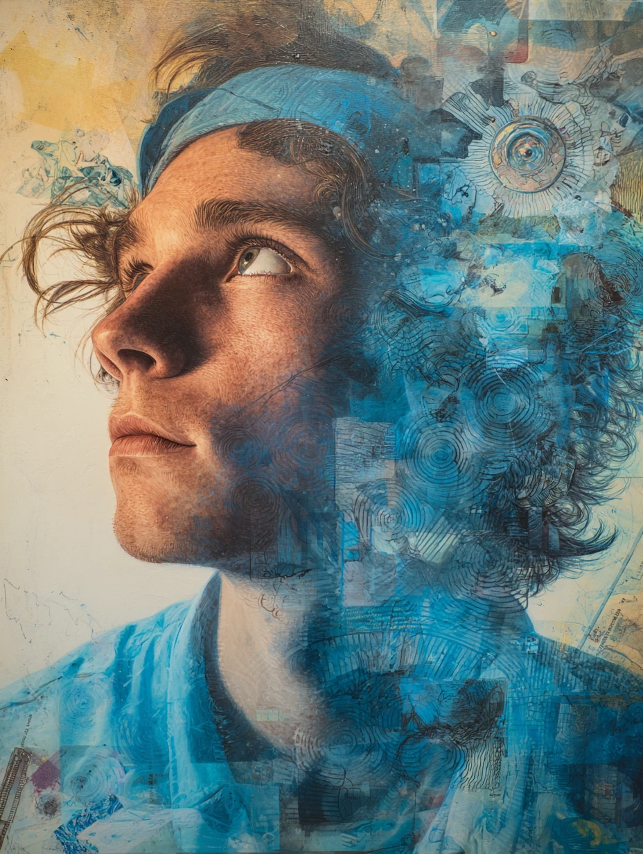 Surreal portrait blending reality with a dreamlike inner world