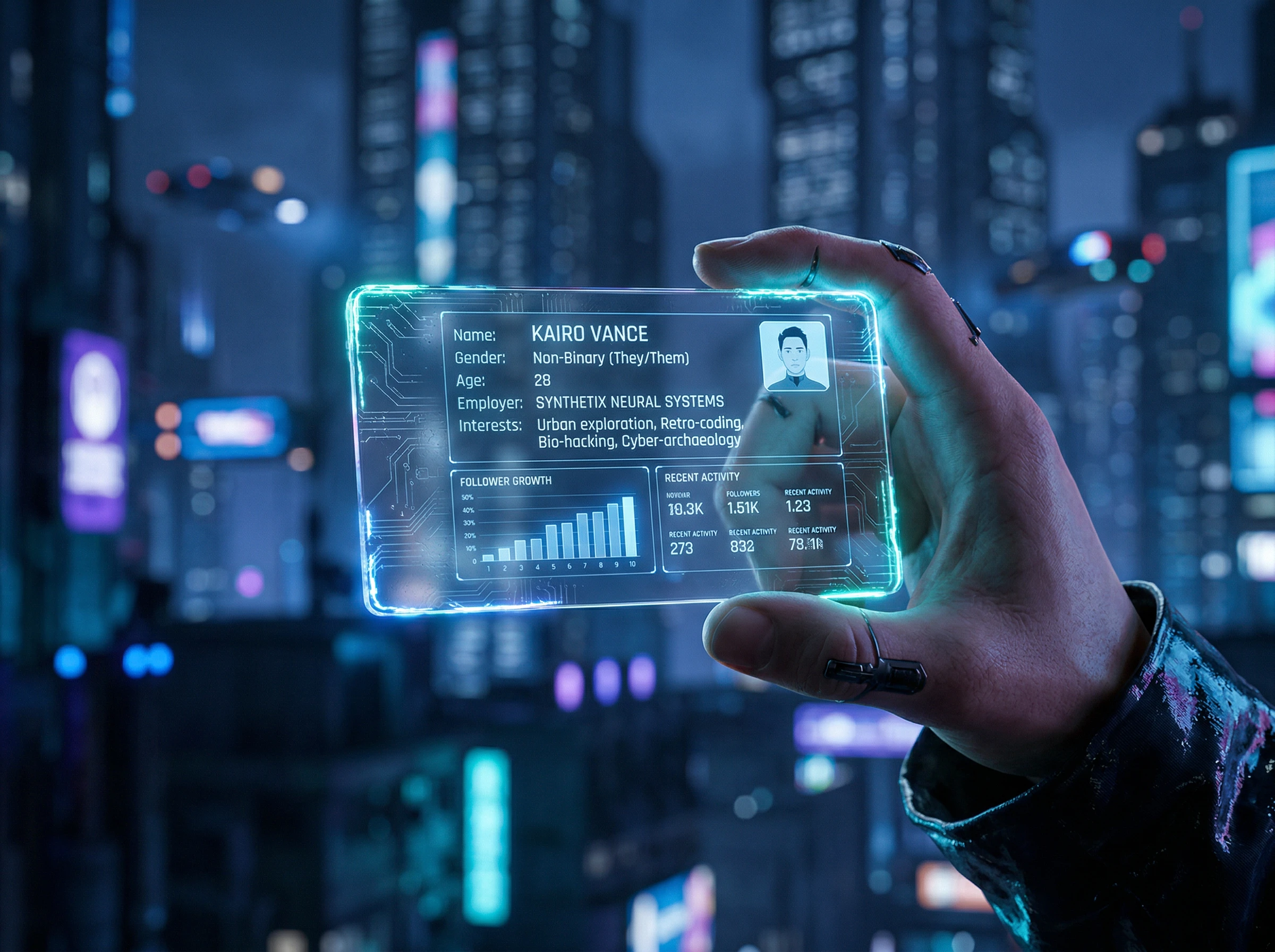 Hand hält transparentes Glas-Smartphone mit holografischem Profil