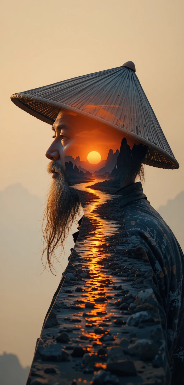 Doble exposición de silueta de pescador con guitarra y río al atardecer