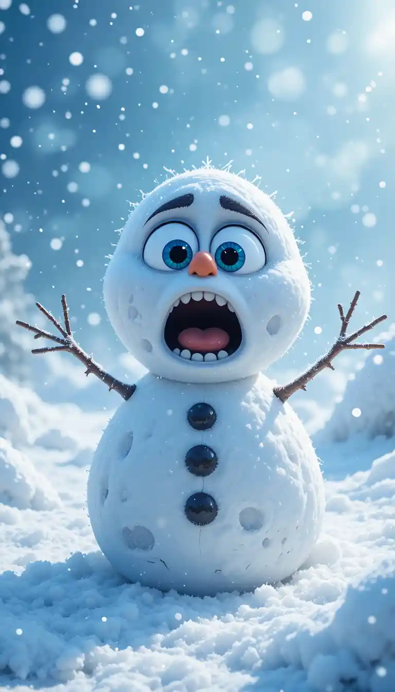 Boneco de neve em desenho animado com olhos assustados em cena de inverno nevada