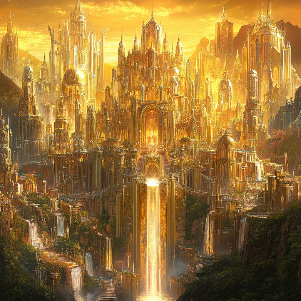 Majestic golden celestial city with crystal towers and palaces