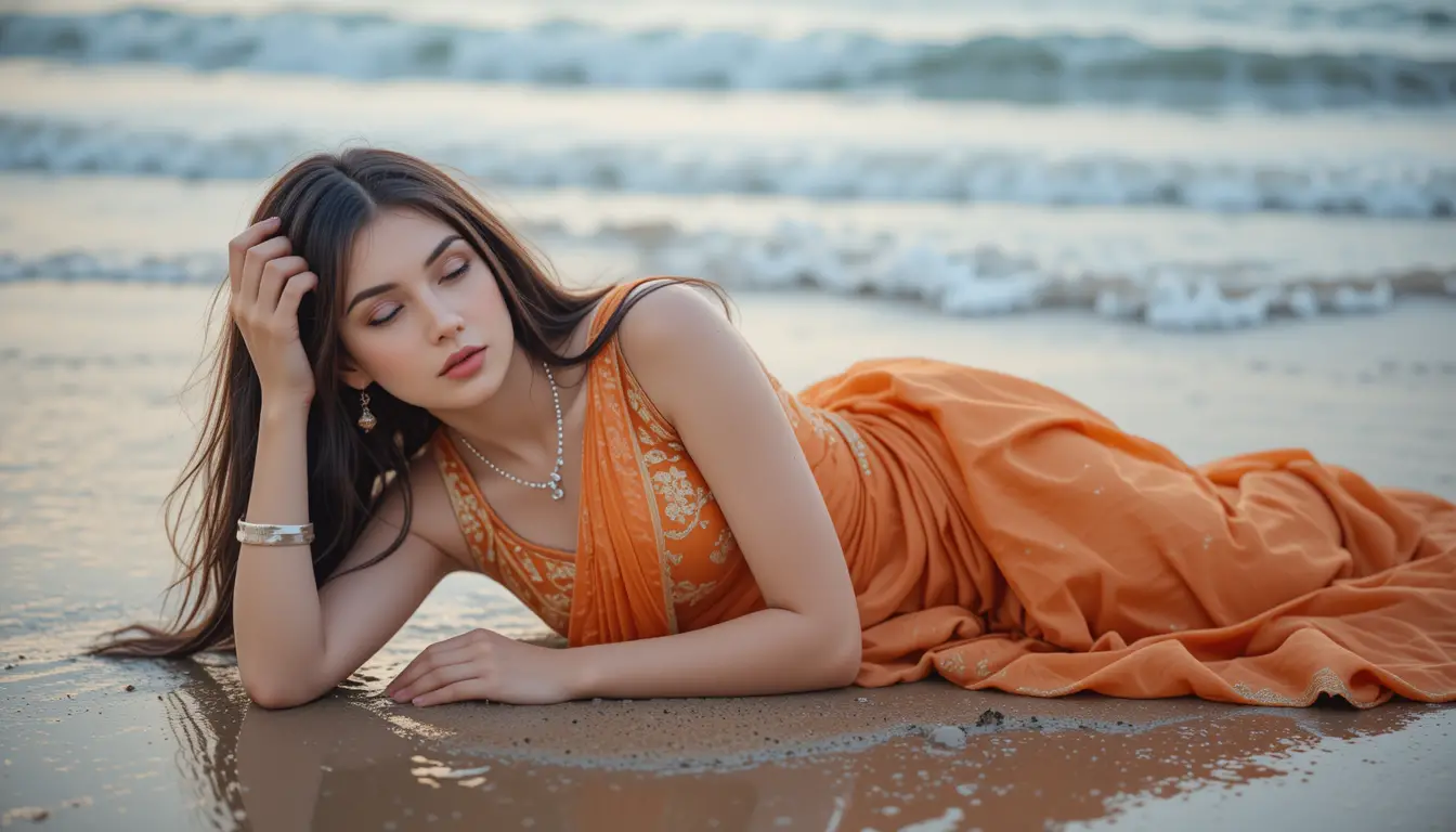 Serene woman in orange saree resting on twilight beach