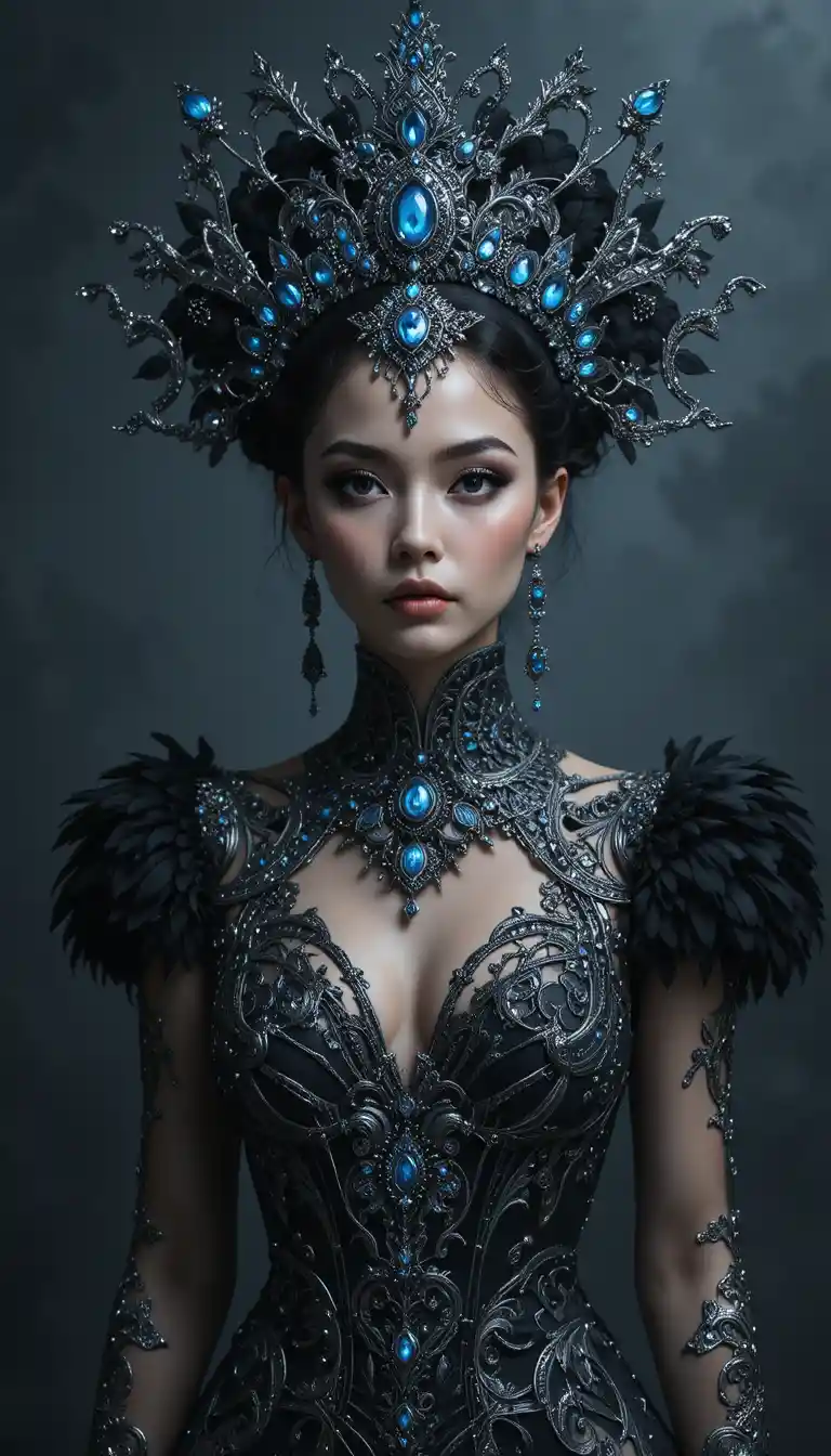 Gotische Göttin im kunstvollen schwarzen Kleid mit juwelenbesetztem Kopfschmuck