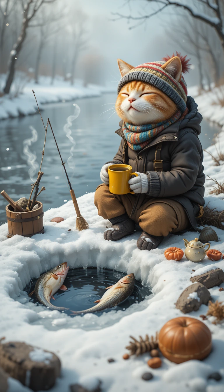 Kontemplative Katze beim Angeln an einem verschneiten zugefrorenen Fluss