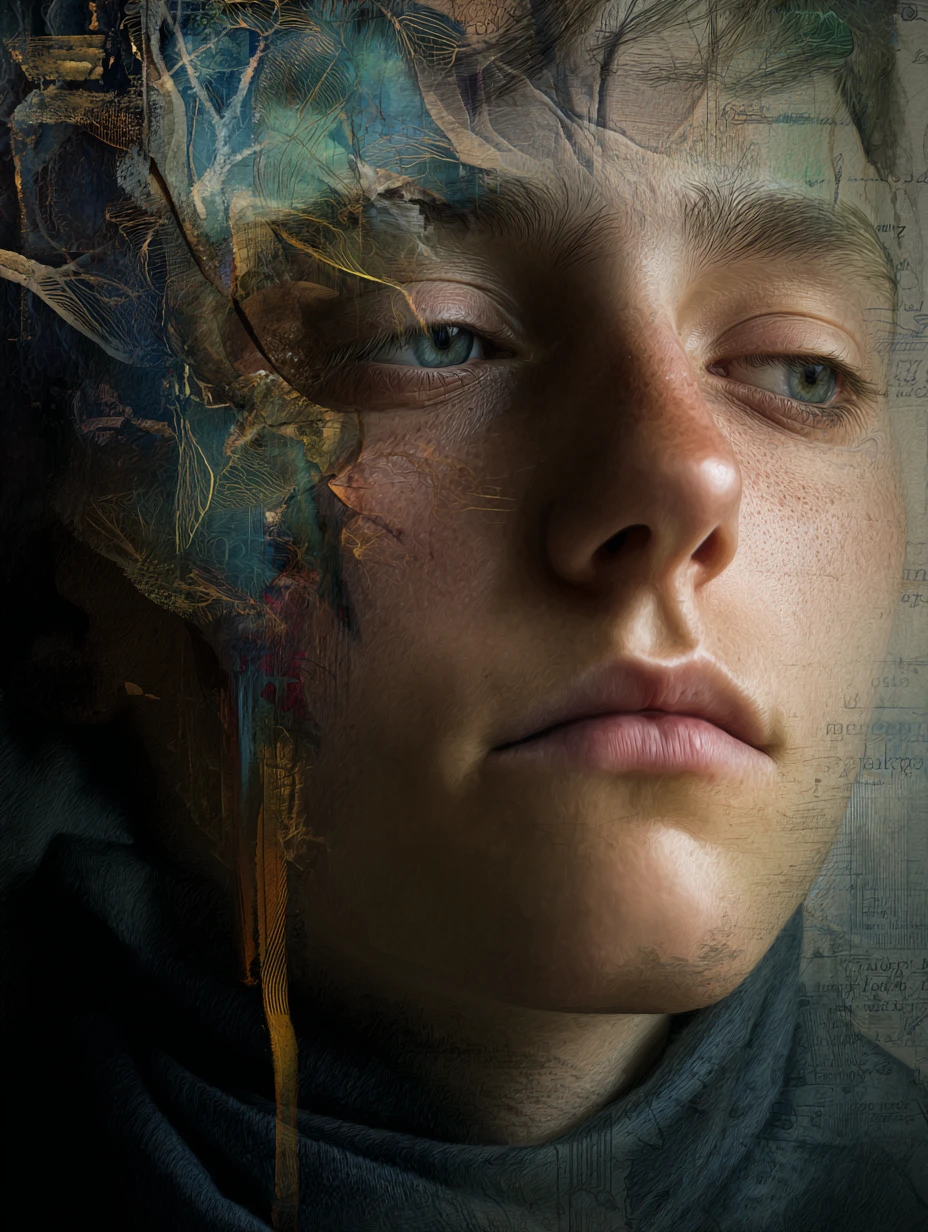 Surreal portrait merging reality with a dreamlike inner world