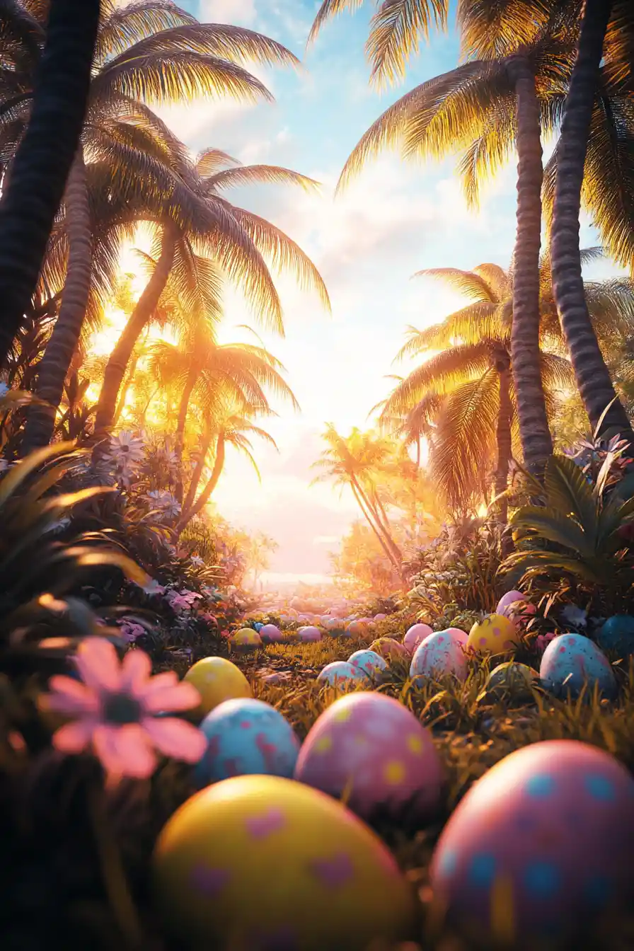 Warm tropical paradise with colorful hidden Easter eggs