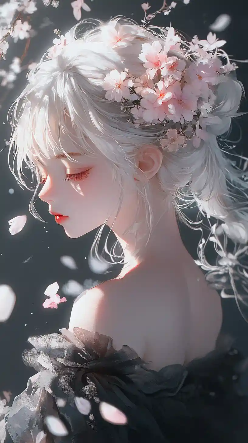 Anime girl with white hair in a dreamy floral portrait