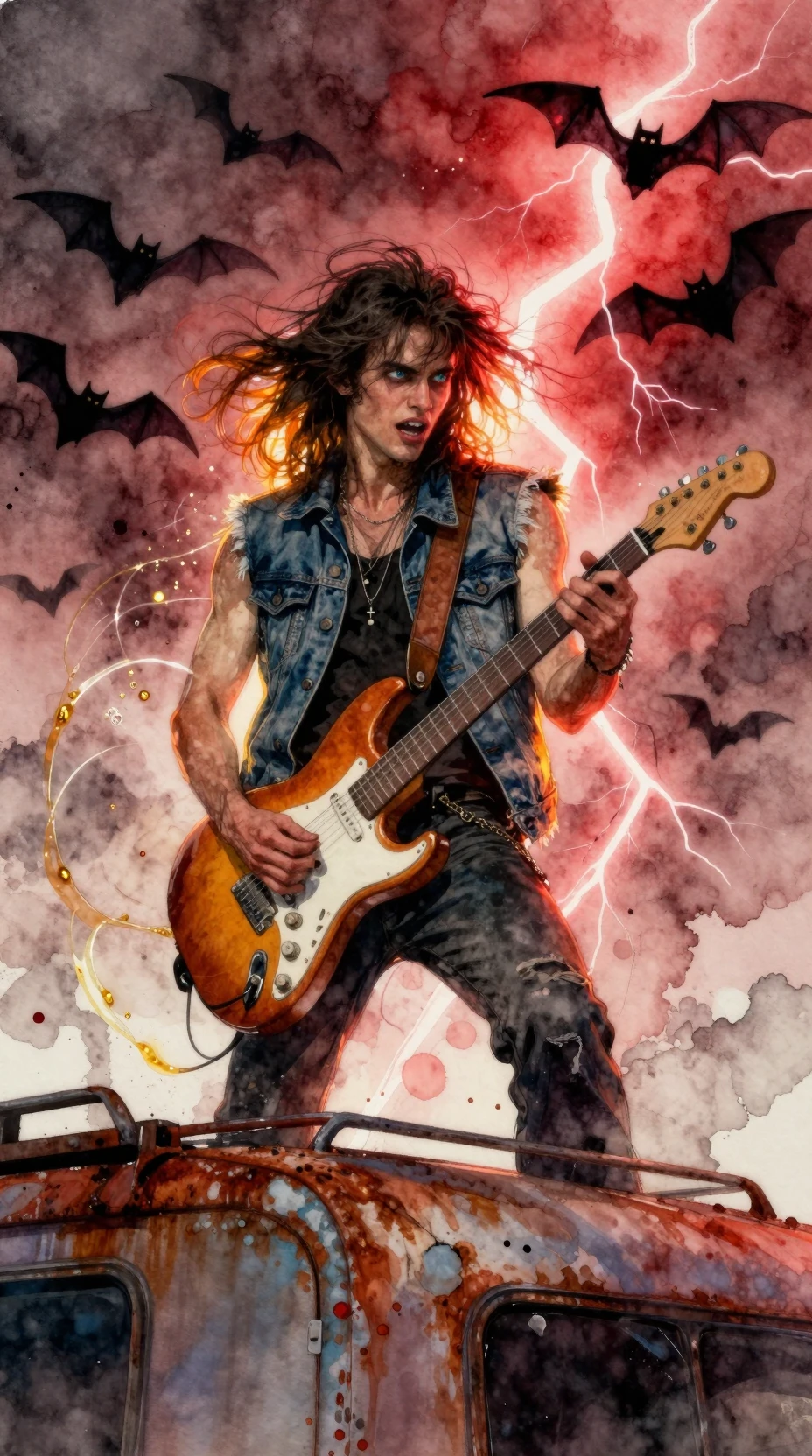 Watercolor portrait of a wild haired guitarist on trailer
