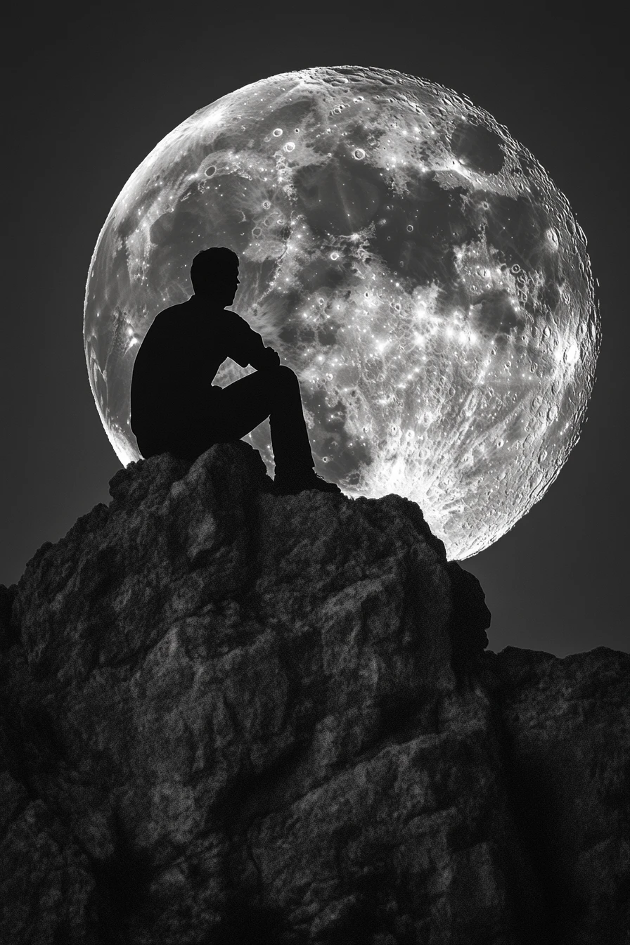 Einsame Gestalt, die leise mit dem fernen Mond spricht