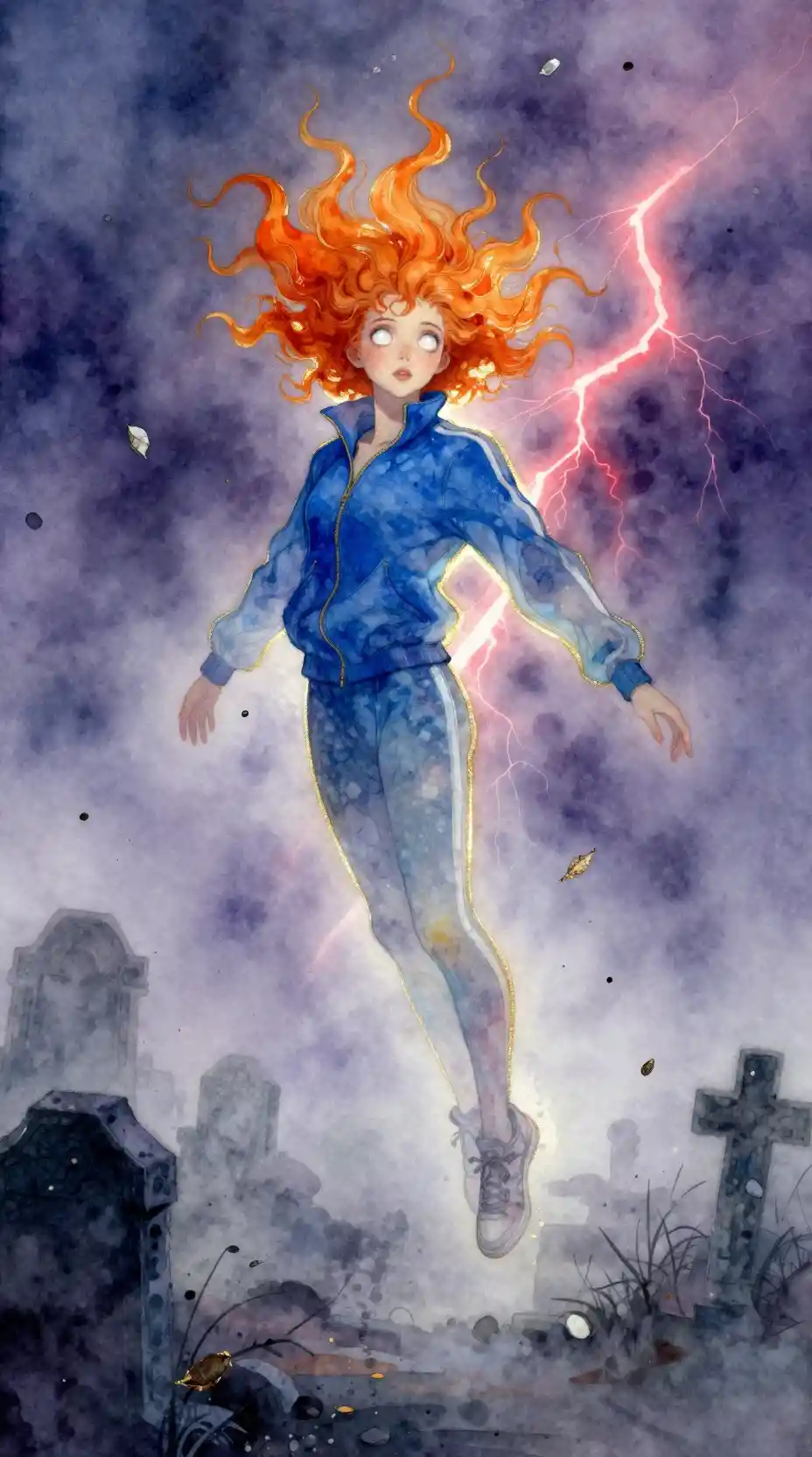 Watercolor girl floating horizontally above a misty graveyard