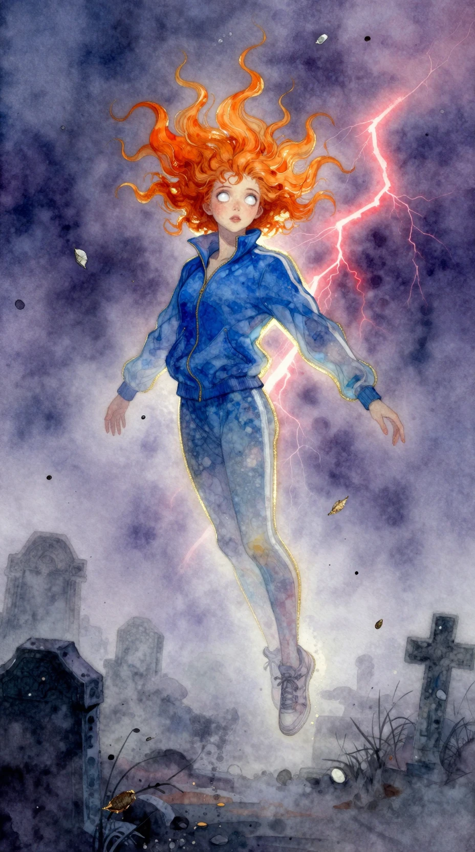 Watercolor girl floating horizontally above a misty graveyard