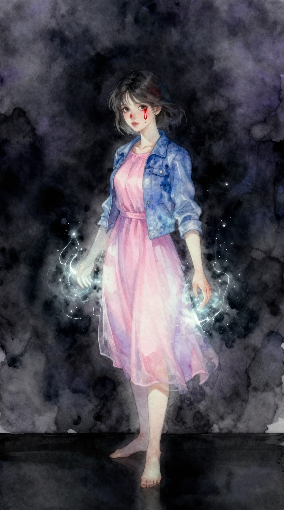 Watercolor portrait of a girl in an ethereal dark void