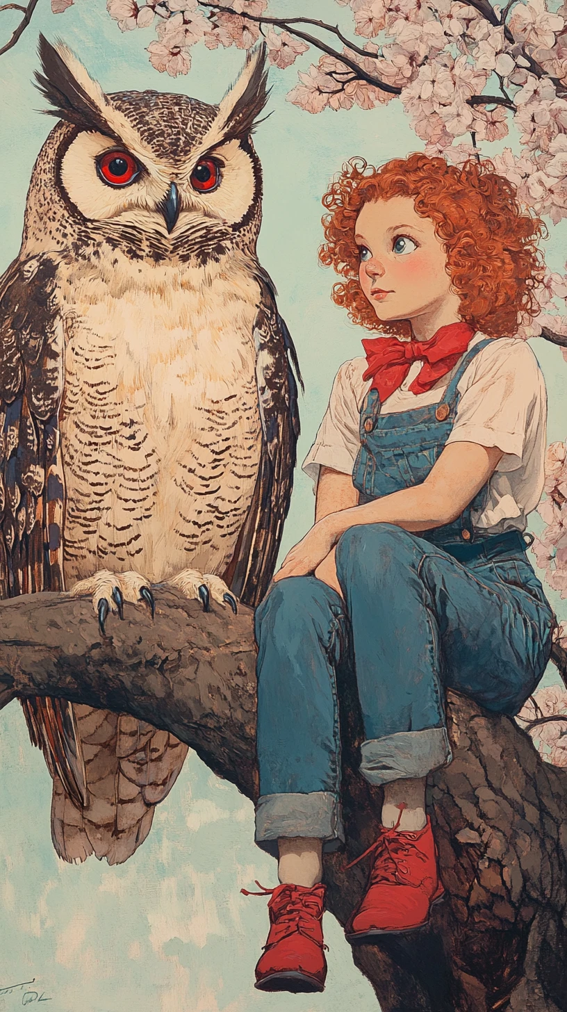 Red haired girl with owl on a blooming branch