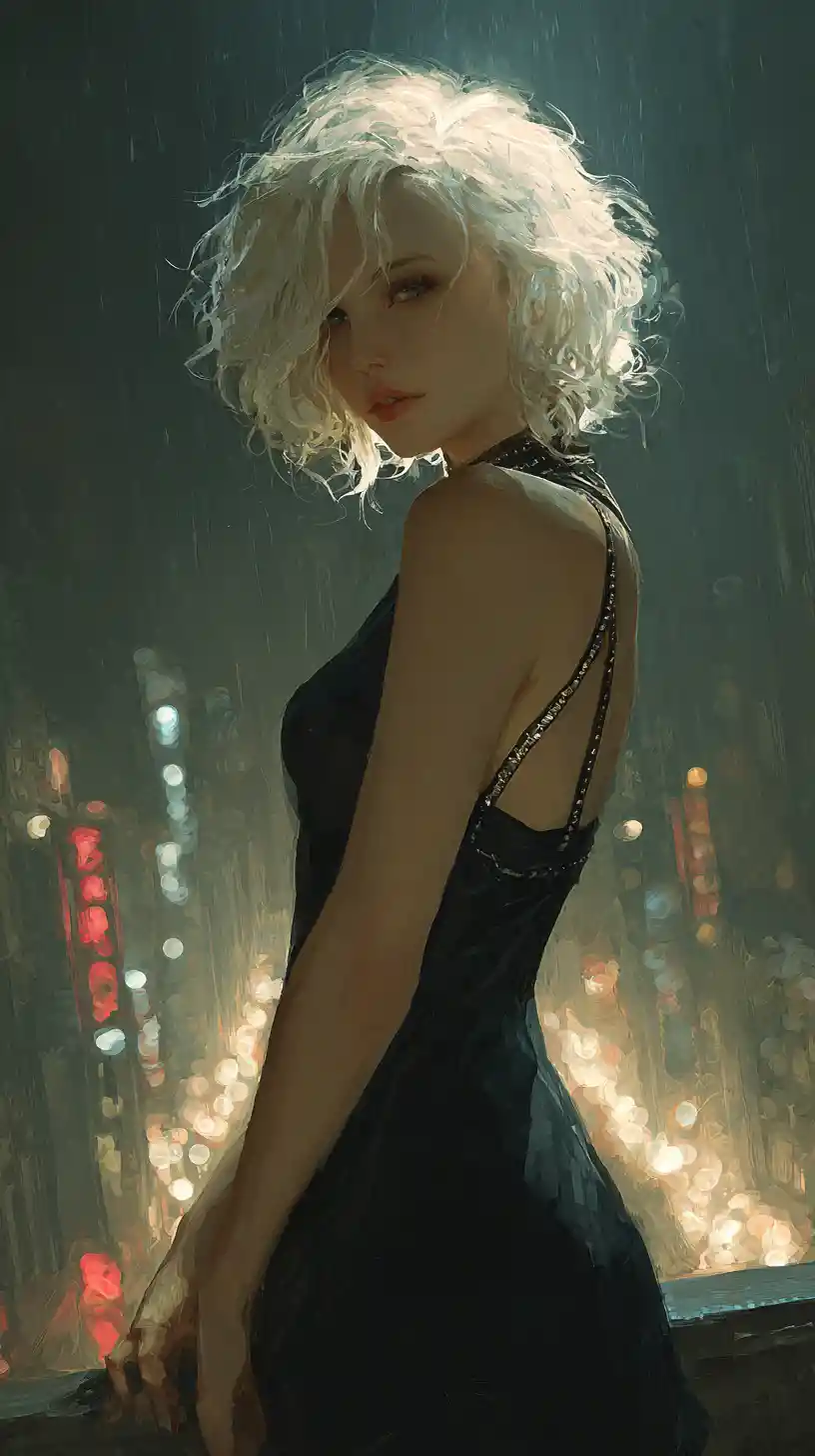 Platinum blonde woman on rainy neon rooftop at night