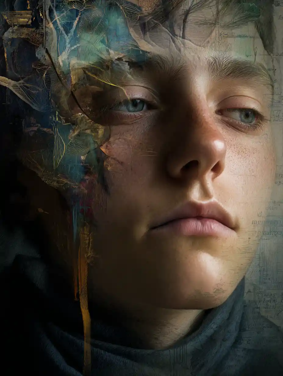 Surreal portrait merging reality with a dreamlike inner world