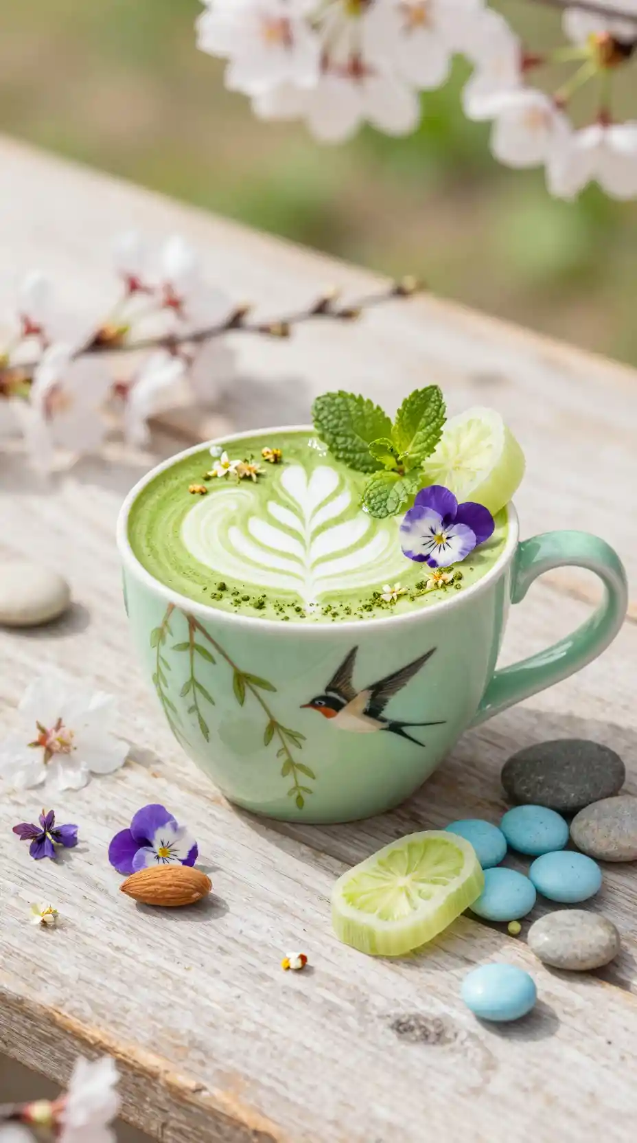 Spring latte still life with blossoms and matcha details