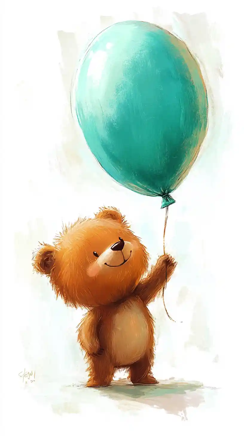 Tierno oso de dibujos animados con globo turquesa en un parque de la ciudad