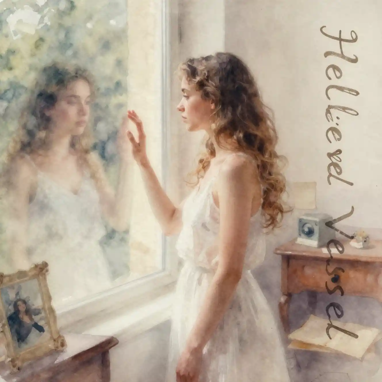 Watercolor portrait of a young woman at a window