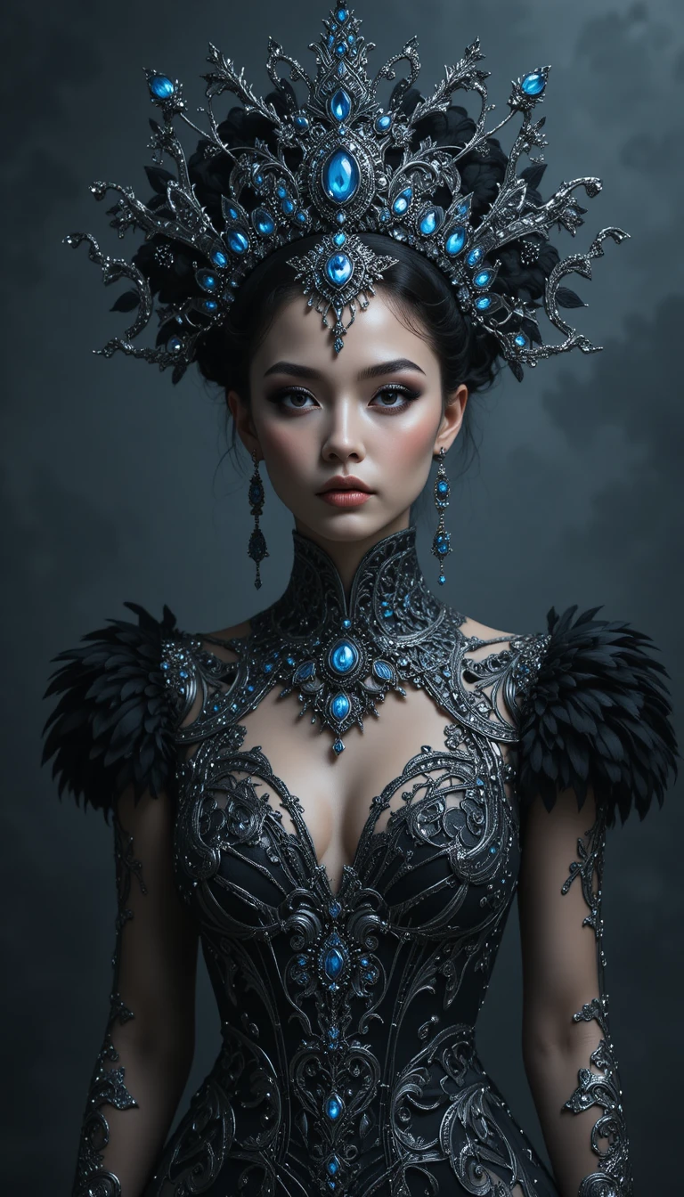 Gotische Göttin im kunstvollen schwarzen Kleid mit juwelenbesetztem Kopfschmuck