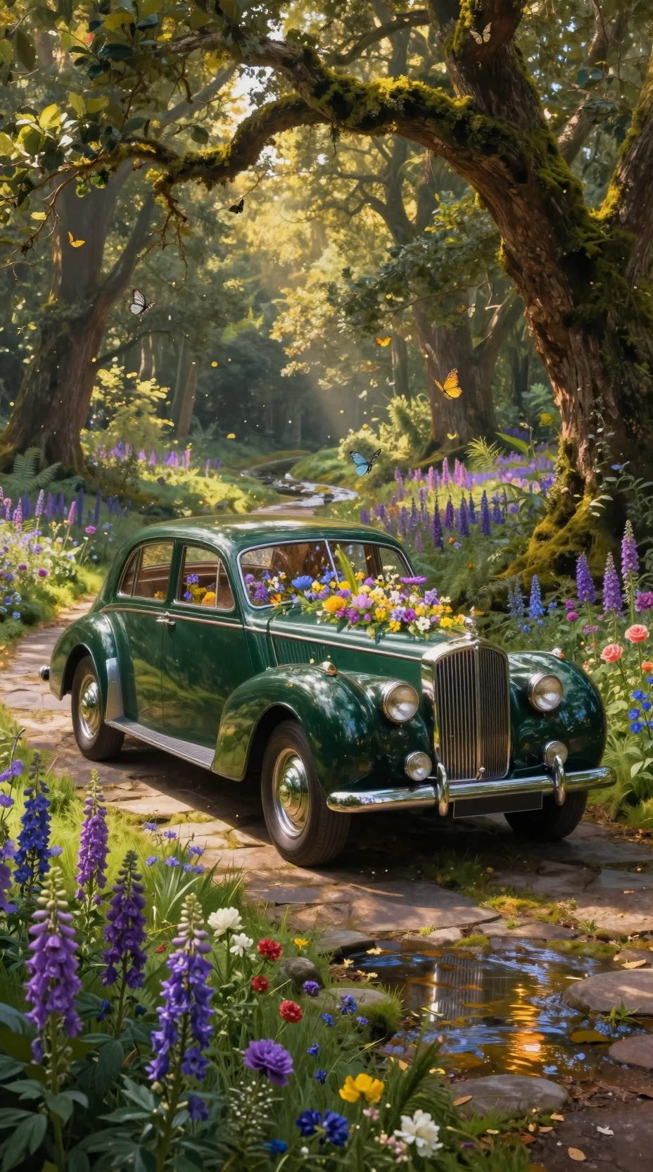 Vintage-Smaragdlimousine mit Wildblumen im Wald bedeckt