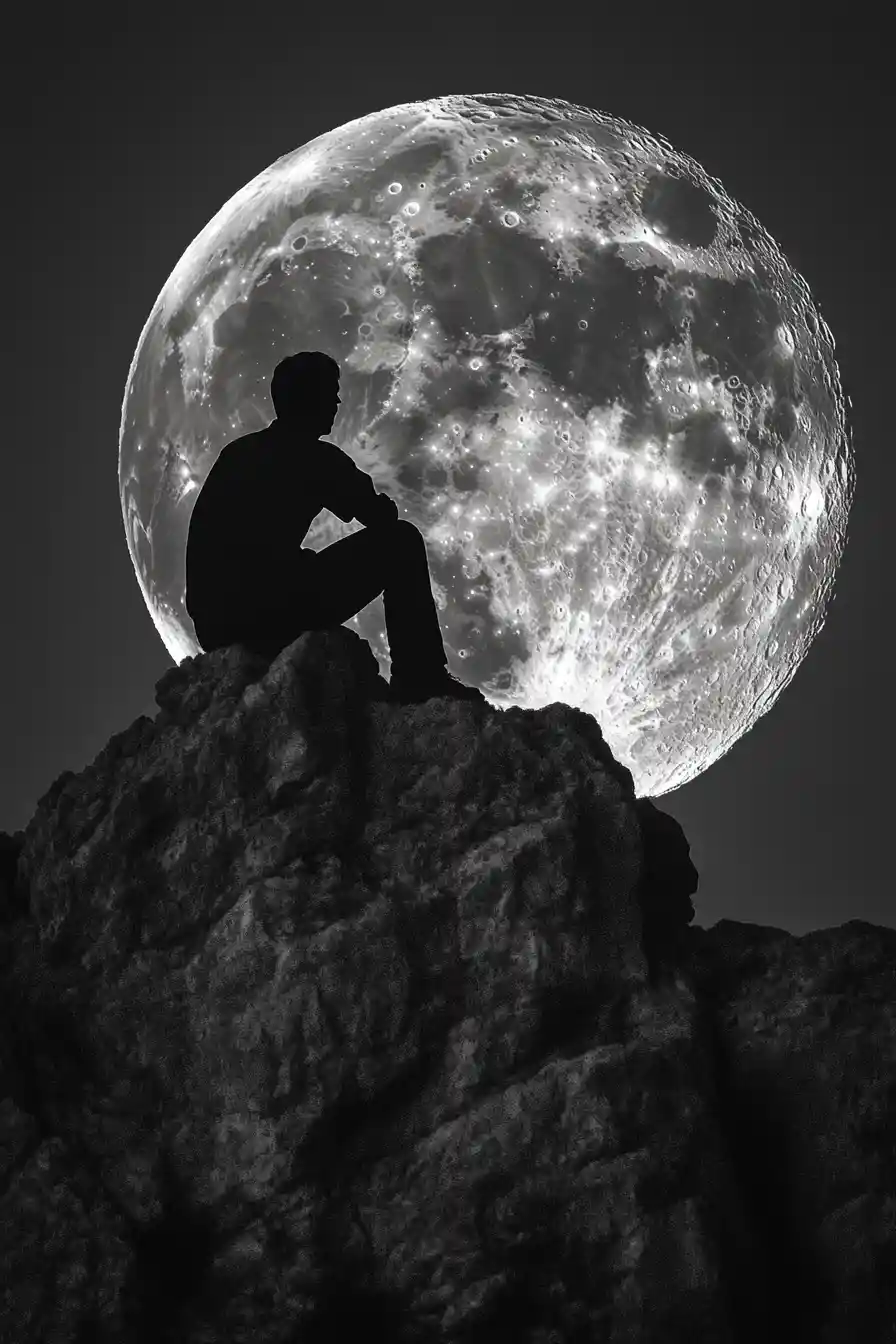 Figura solitaria che parla dolcemente alla luna lontana