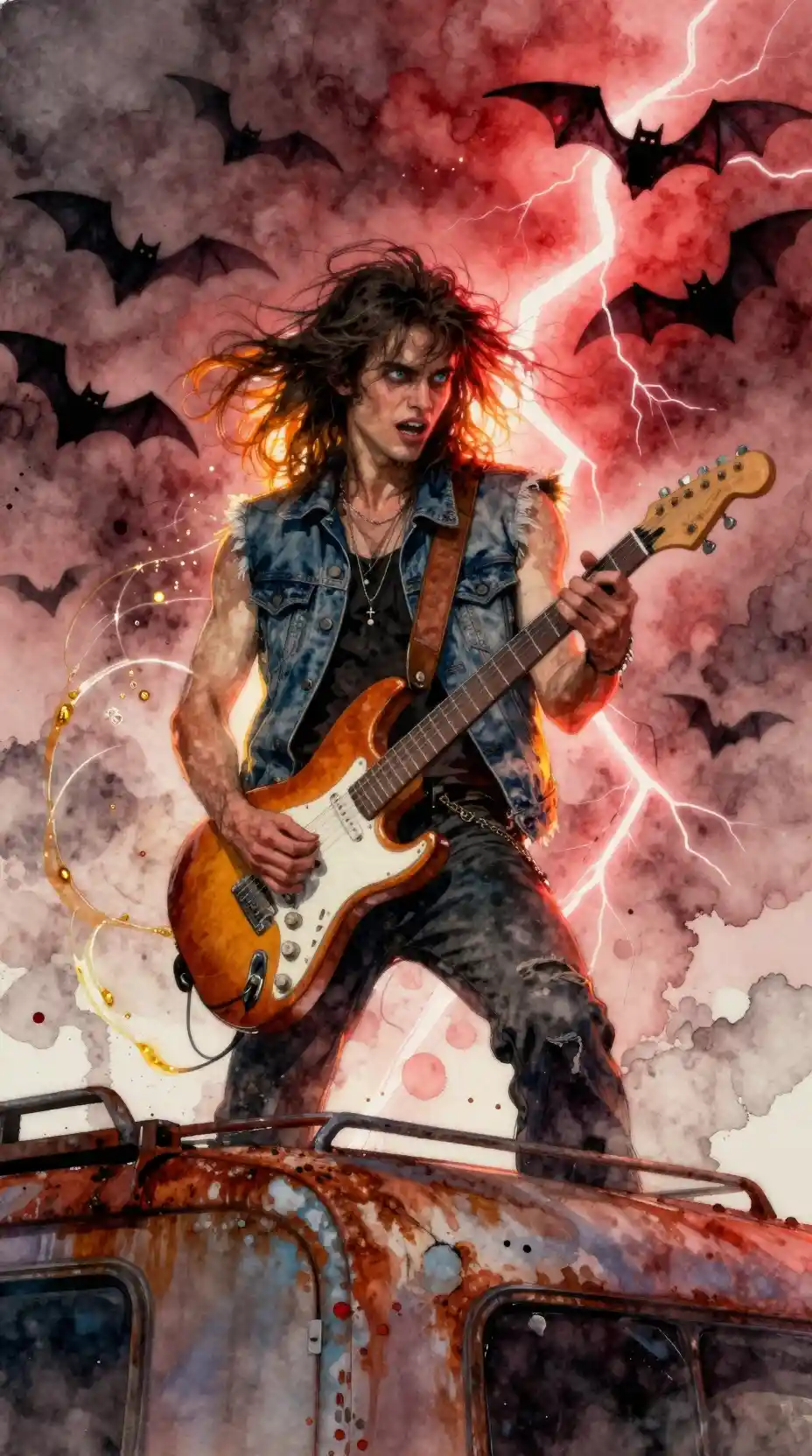 Watercolor portrait of a wild haired guitarist on trailer