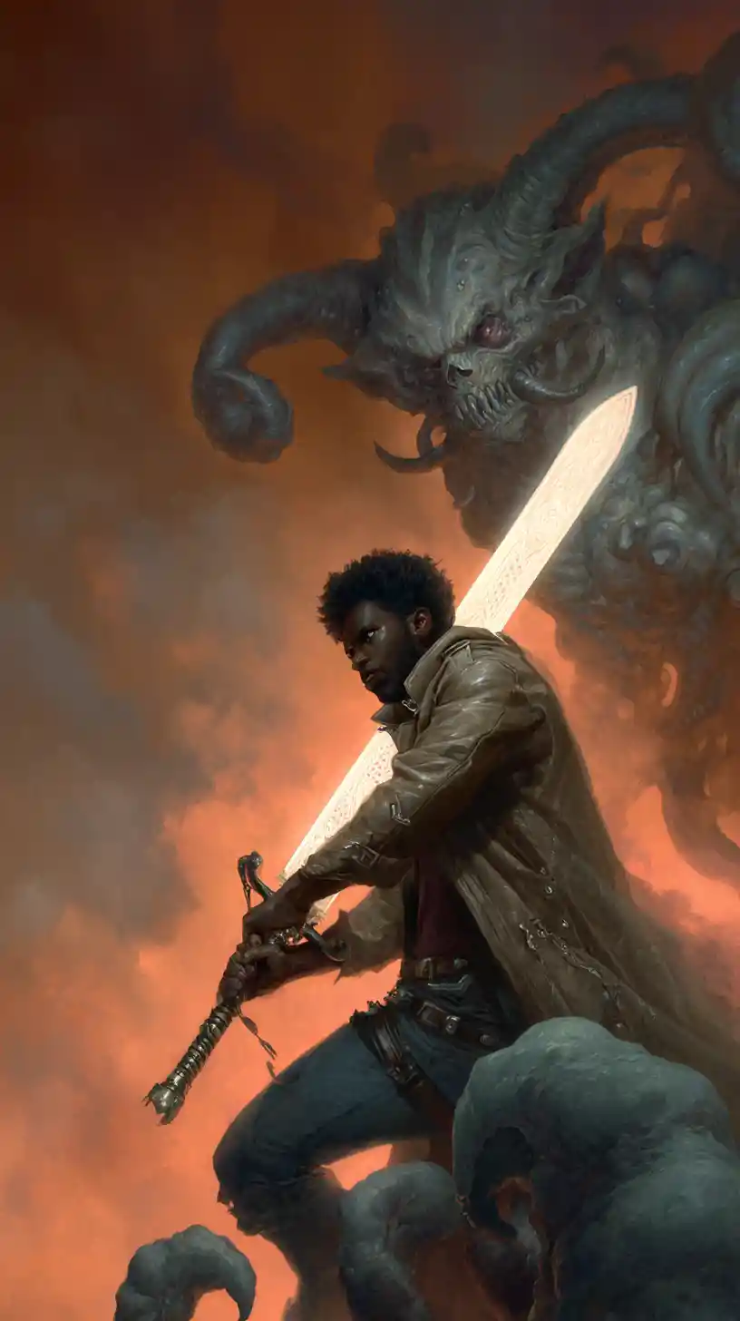 Afrofuturistic warrior slashing a demonic creature with light