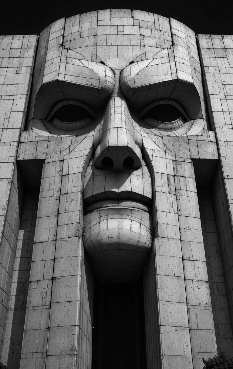 Monumental brutalist concrete facade forming a human face