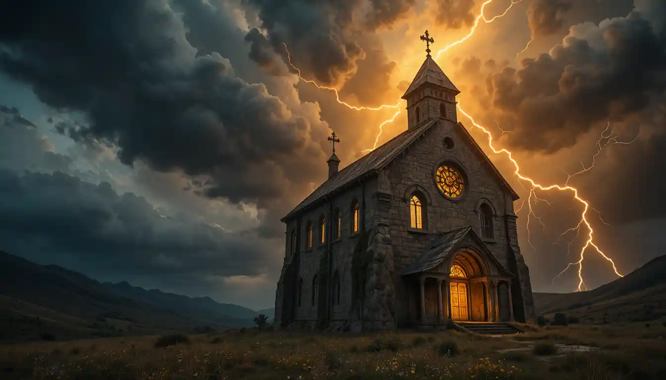 Ancient Stone Church Lit Against A Stormy Night Sky