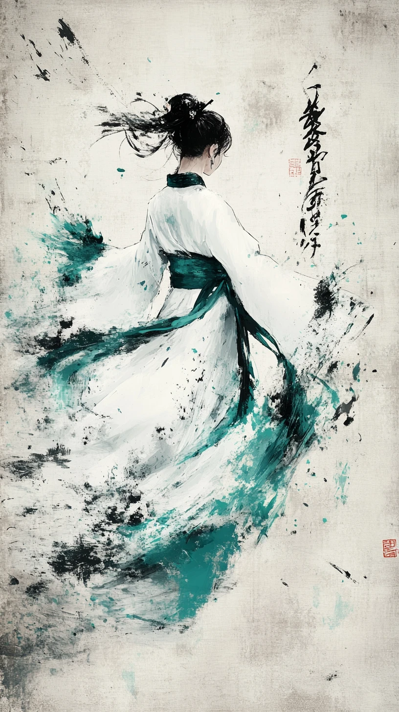 Mujer elegante con hanfu blanco pintura en acuarela y tinta