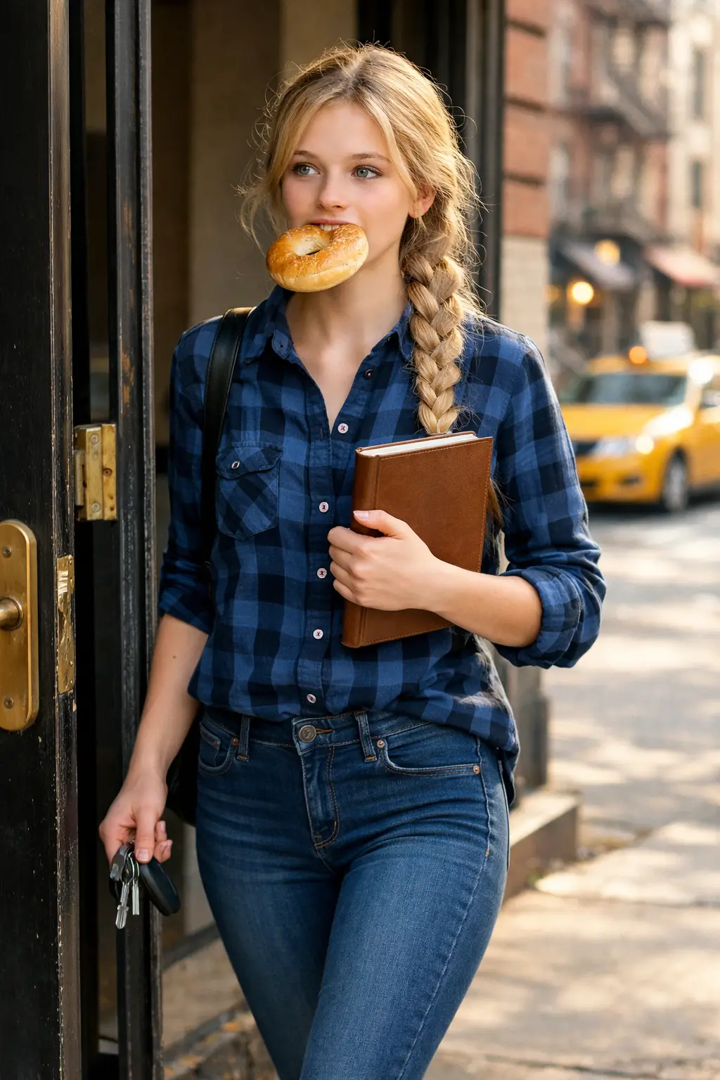 Teenage girl leaving her apartment with a morning bagel