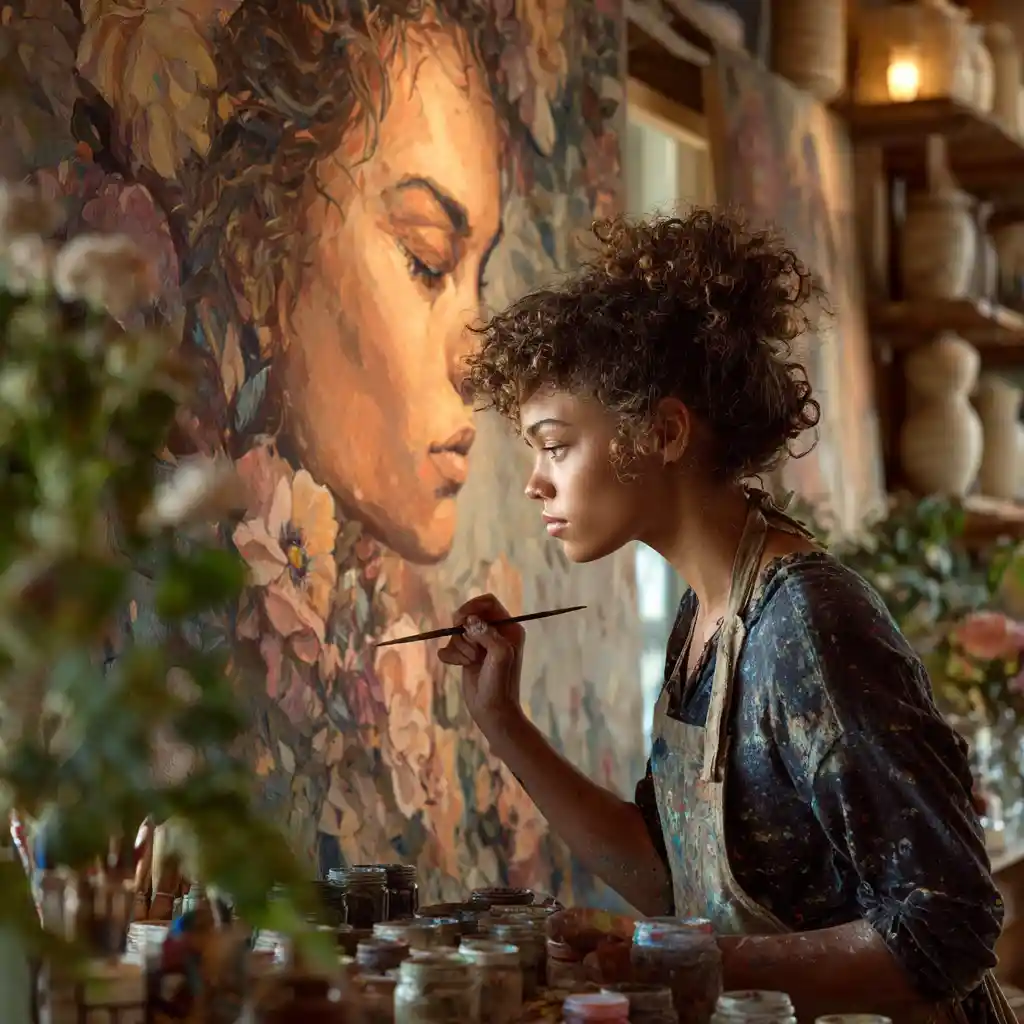 Black mural artist adding final highlights to portrait