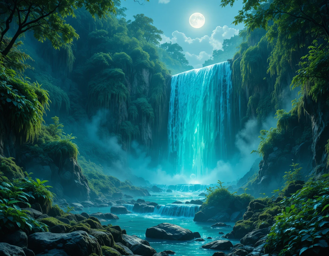 Majestischer Kristallwasserfall in einem leuchtenden mondbeschienenen Wald